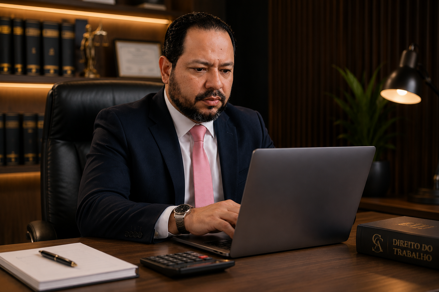 Dr. Saulo Coutinho analisando processos trabalhistas em seu escritório